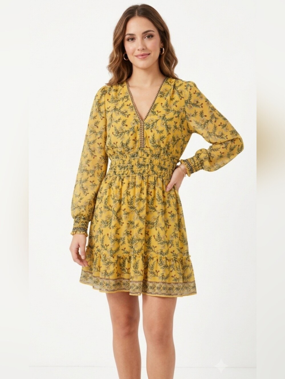 MAX STUDIO Yellow Floral V-Neck Smocked Waist, Dress Size L